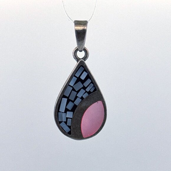 Estate Sterling Silver 925 Mosaic Teardrop Pendant Pink Shell Inlay 10.7g - Picture 1 of 8